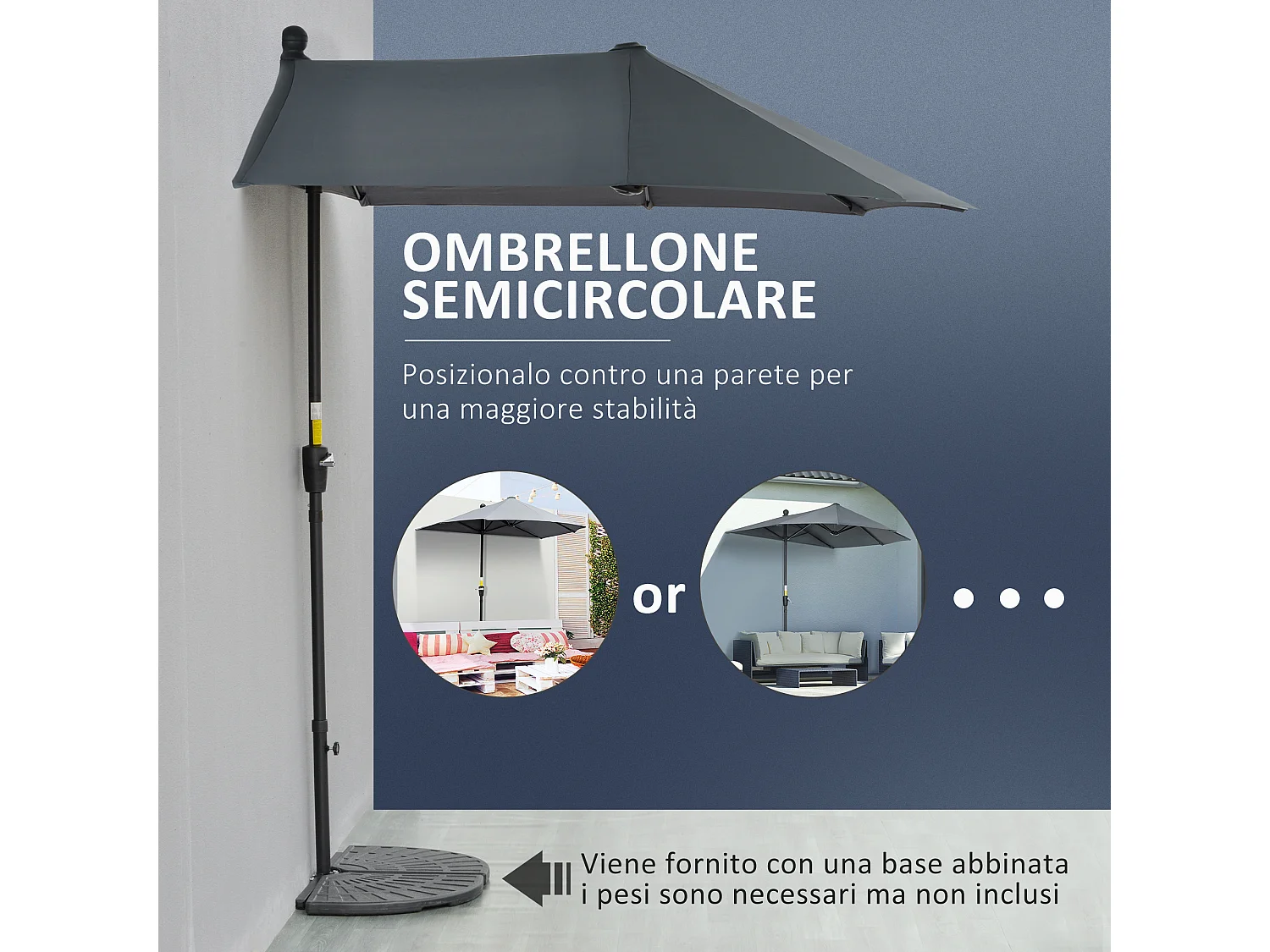 Ombrellone semicircolare con manovella e telo anti uv grigio