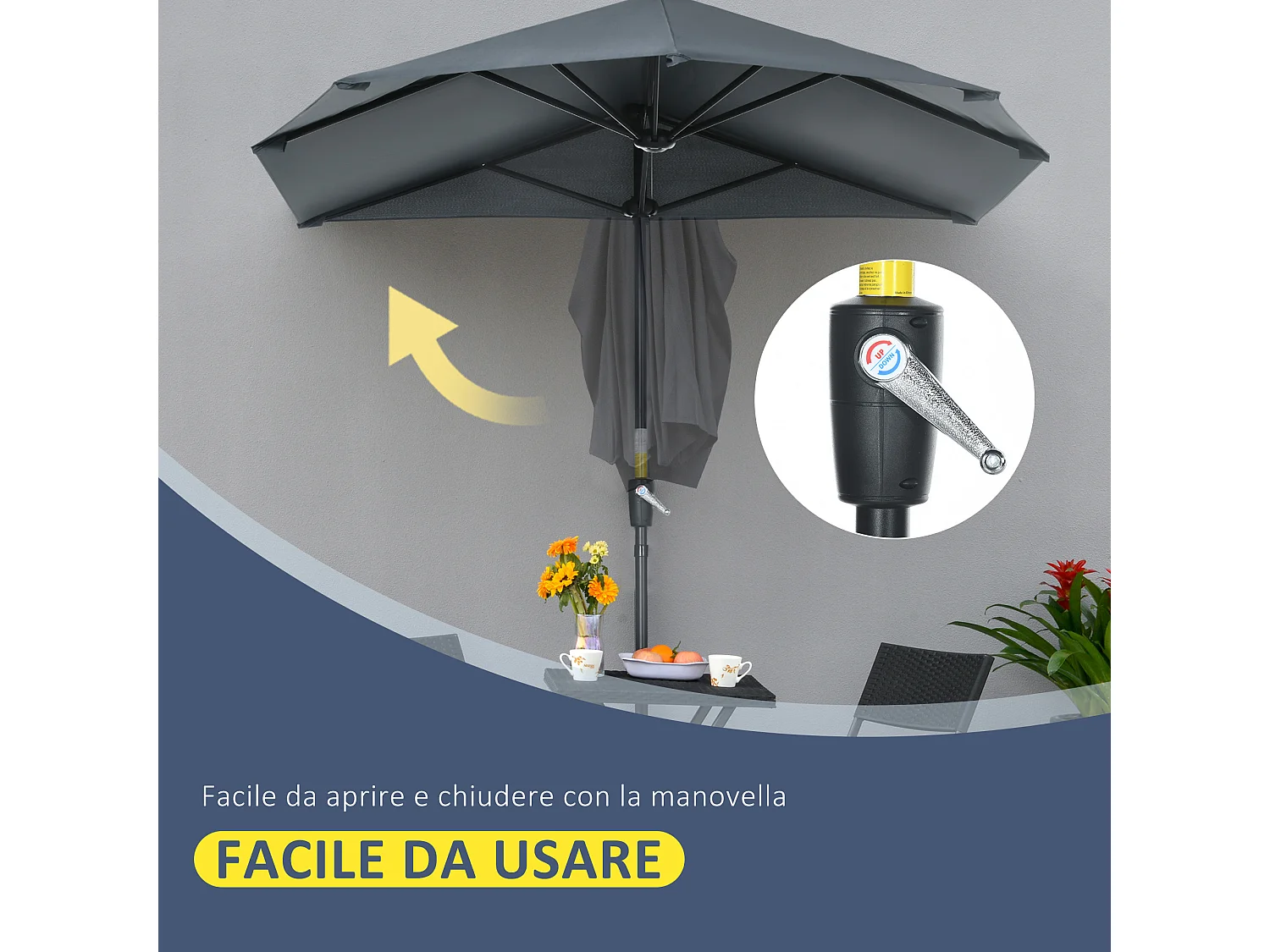 Ombrellone semicircolare con manovella e telo anti uv grigio