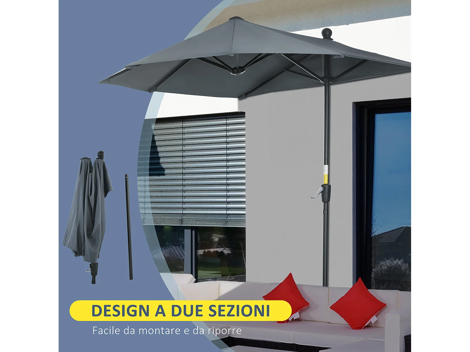 Ombrellone semicircolare con manovella e telo anti uv grigio