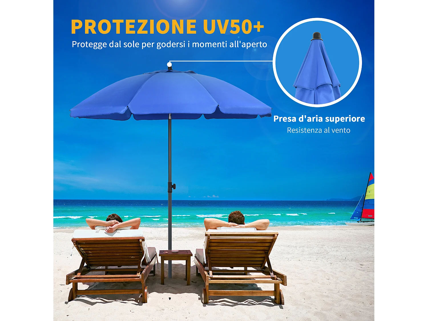 Ombrellone da spiaggia con tettuccio reclinabile a 45° blu