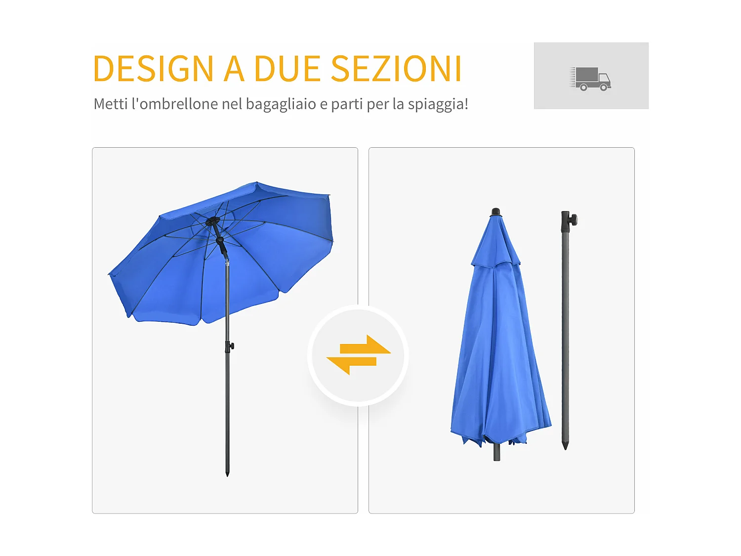 Ombrellone da spiaggia con tettuccio reclinabile a 45° blu