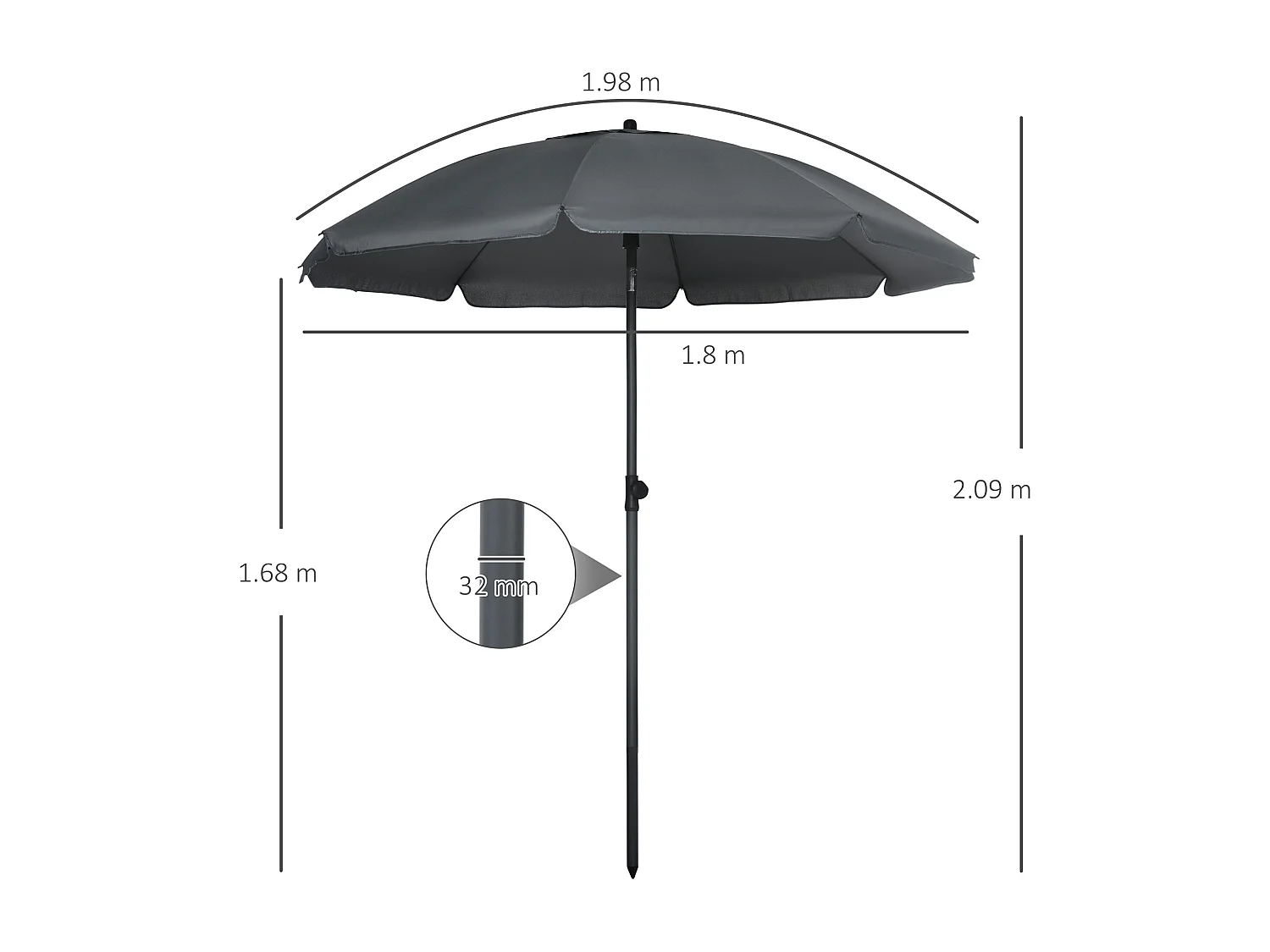 Ombrellone da spiaggia con tettuccio reclinabile a 45°