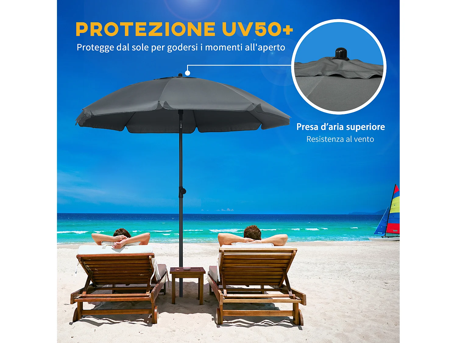 Ombrellone da spiaggia con tettuccio reclinabile a 45°