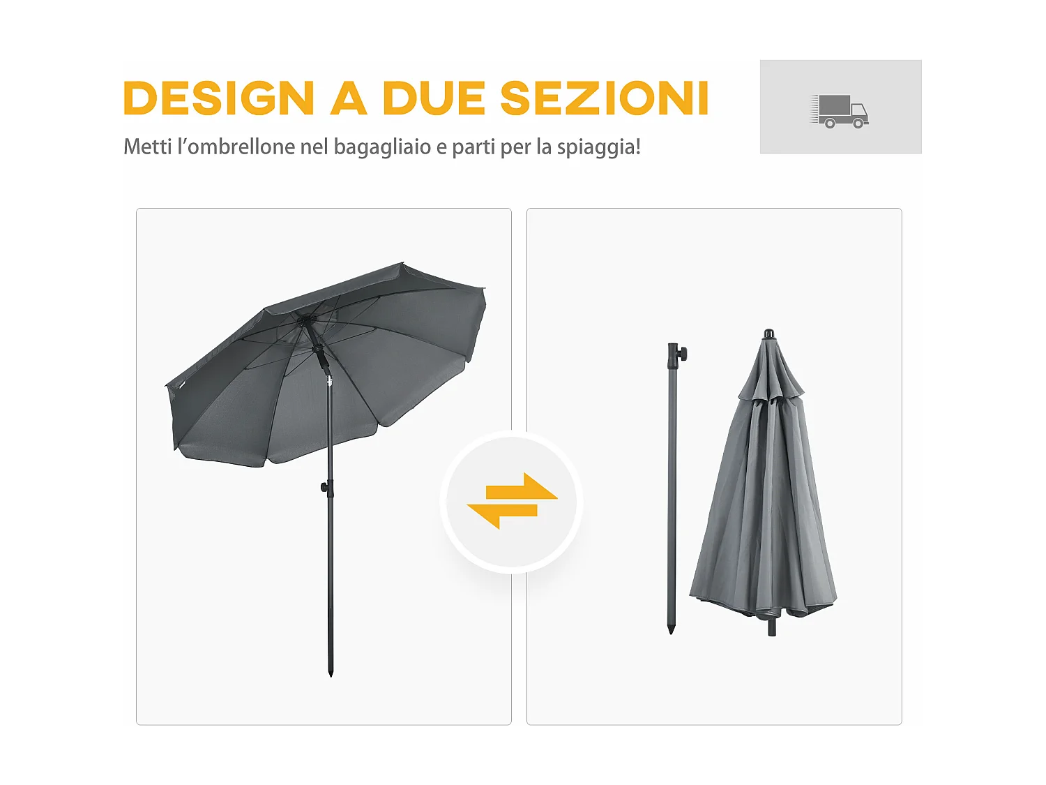 Ombrellone da spiaggia con tettuccio reclinabile a 45°