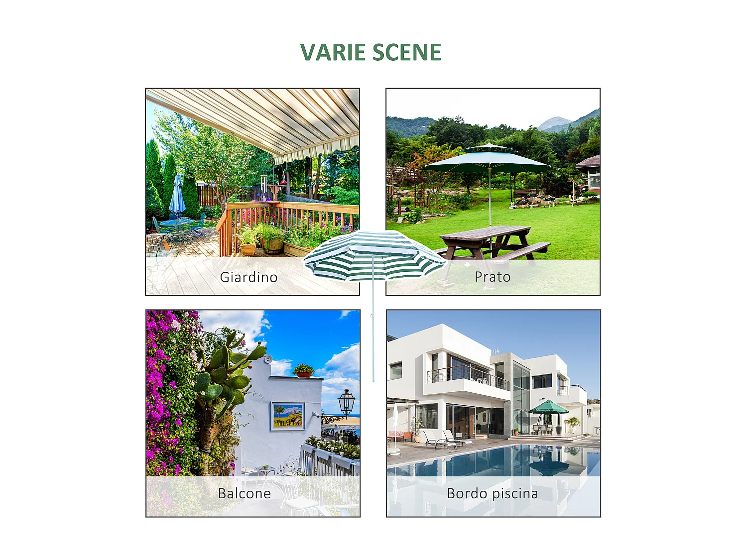 Ombrellone da spiaggia inclinabile in metallo poliestere verde bianco