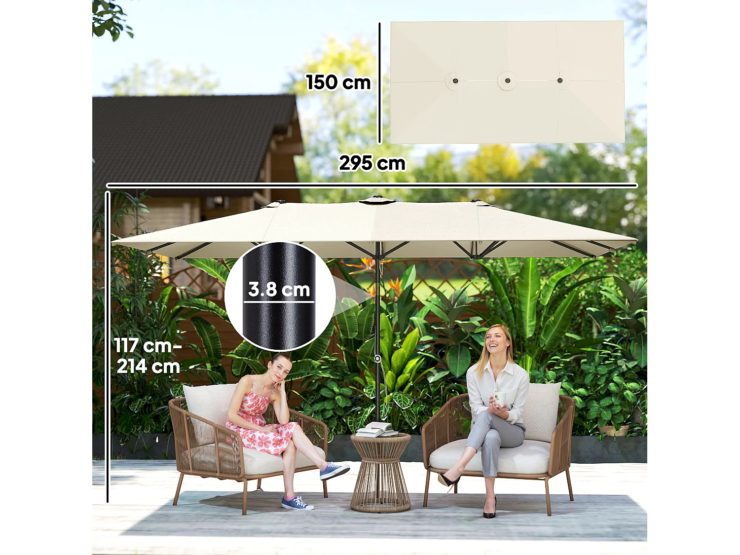 Ombrellone doppio inclinabile e regolabile in altezza color crema