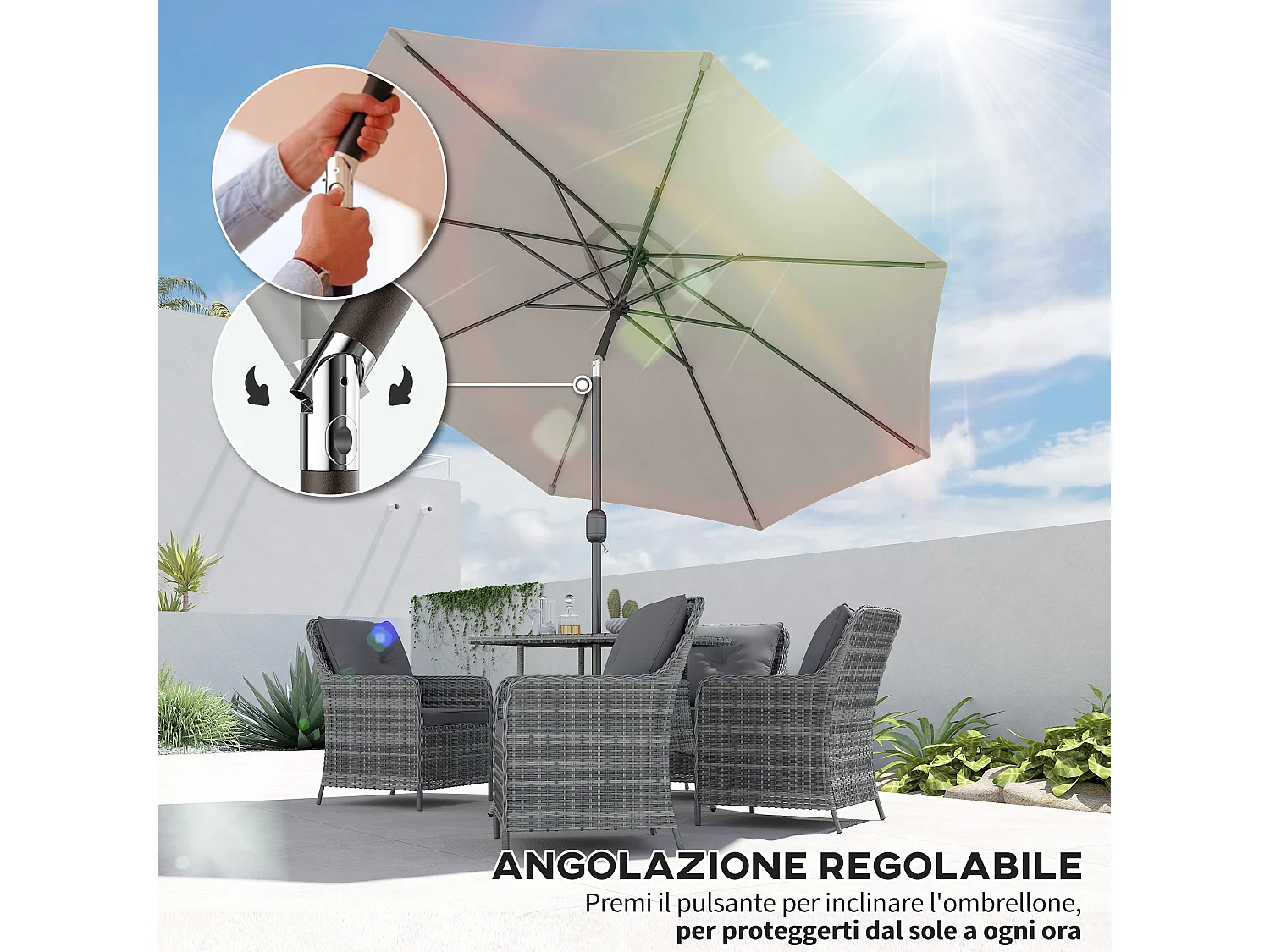 Ombrellone da giardino 3x2.50 m inclinabile grigio chiaro