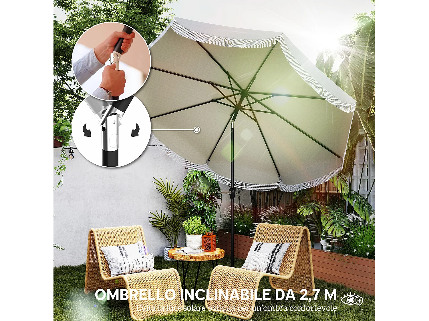 Ombrellone da giardino inclinabile in metallo poliestere grigio chiaro