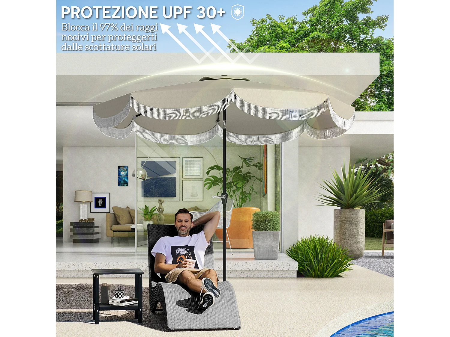 Ombrellone da giardino inclinabile in metallo poliestere grigio chiaro