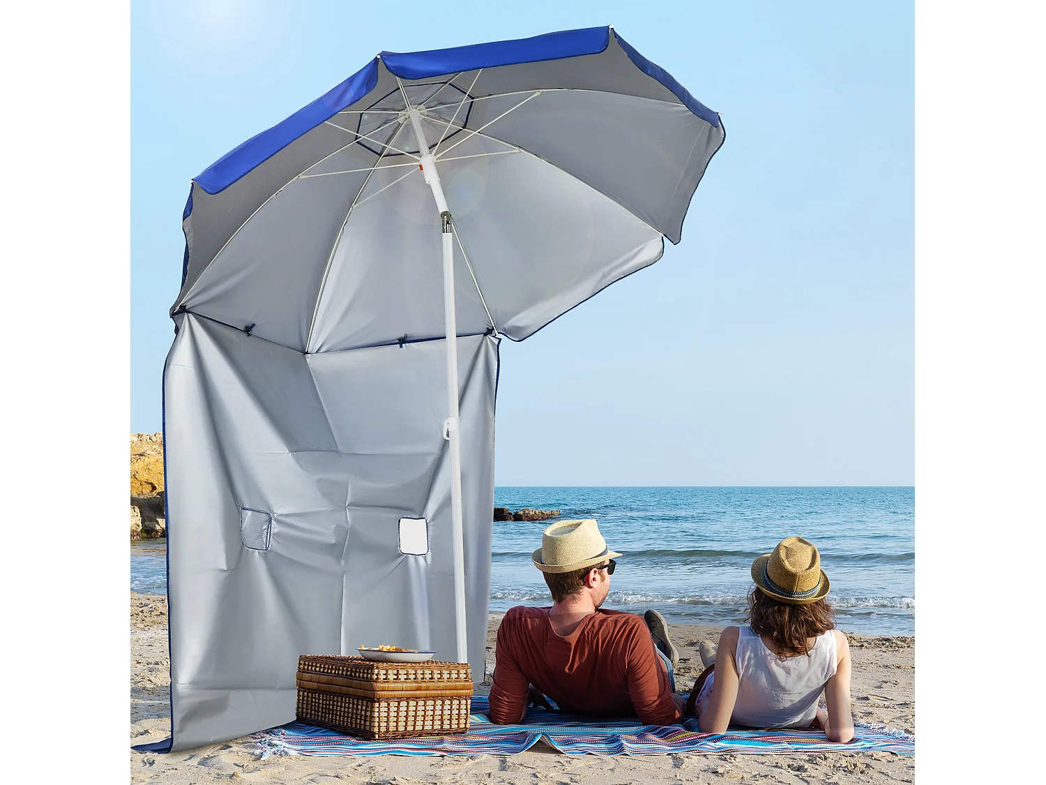 Ombrellone da spiaggia inclinabile con tendine laterali blu e bianco