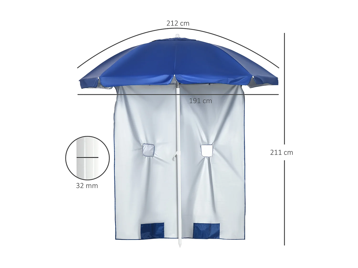 Ombrellone da spiaggia inclinabile con tendine laterali blu e bianco