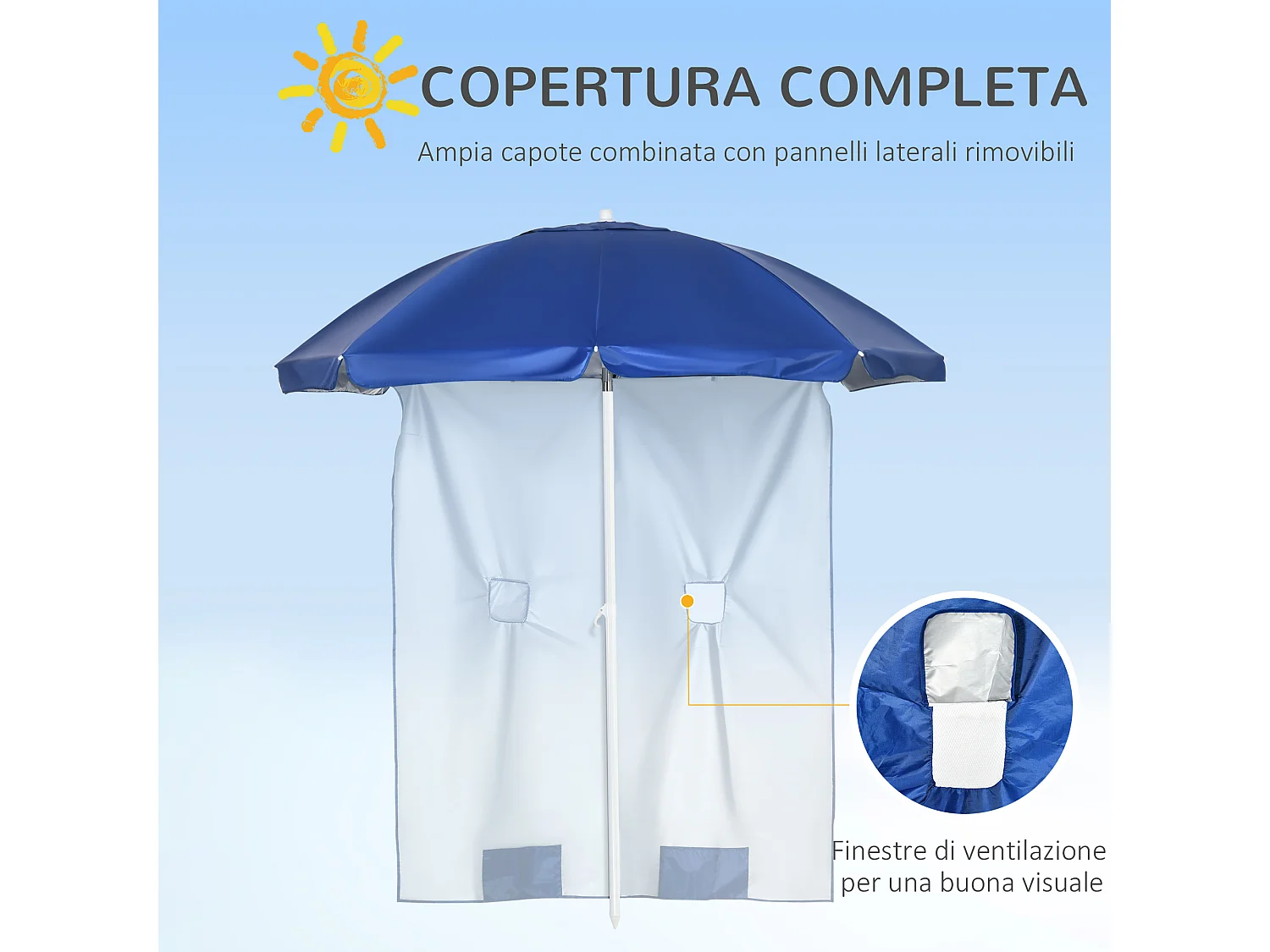 Ombrellone da spiaggia inclinabile con tendine laterali blu e bianco