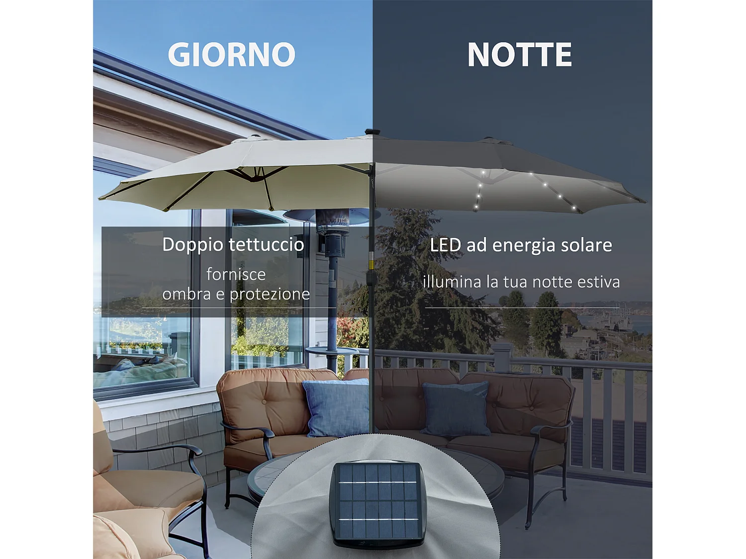 Ombrellone da giardino 4.5m con 48 luci led e manovella grigio chiaro