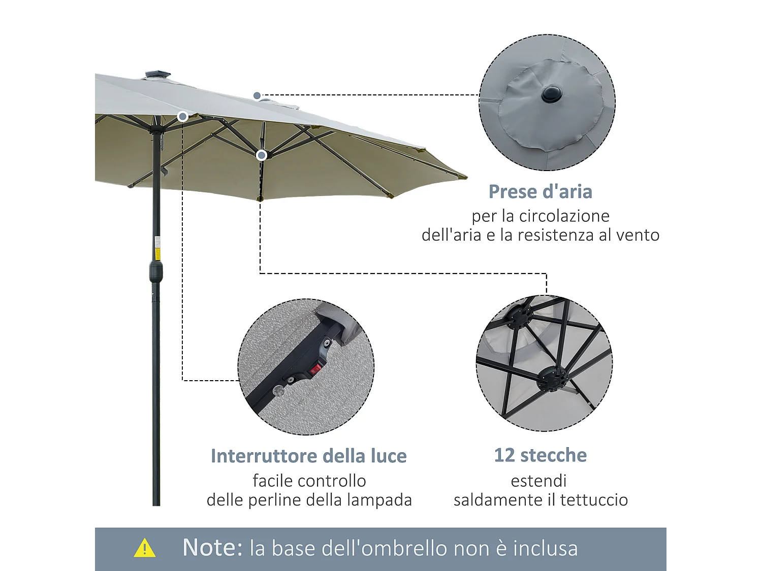 Ombrellone da giardino 4.5m con 48 luci led e manovella grigio chiaro