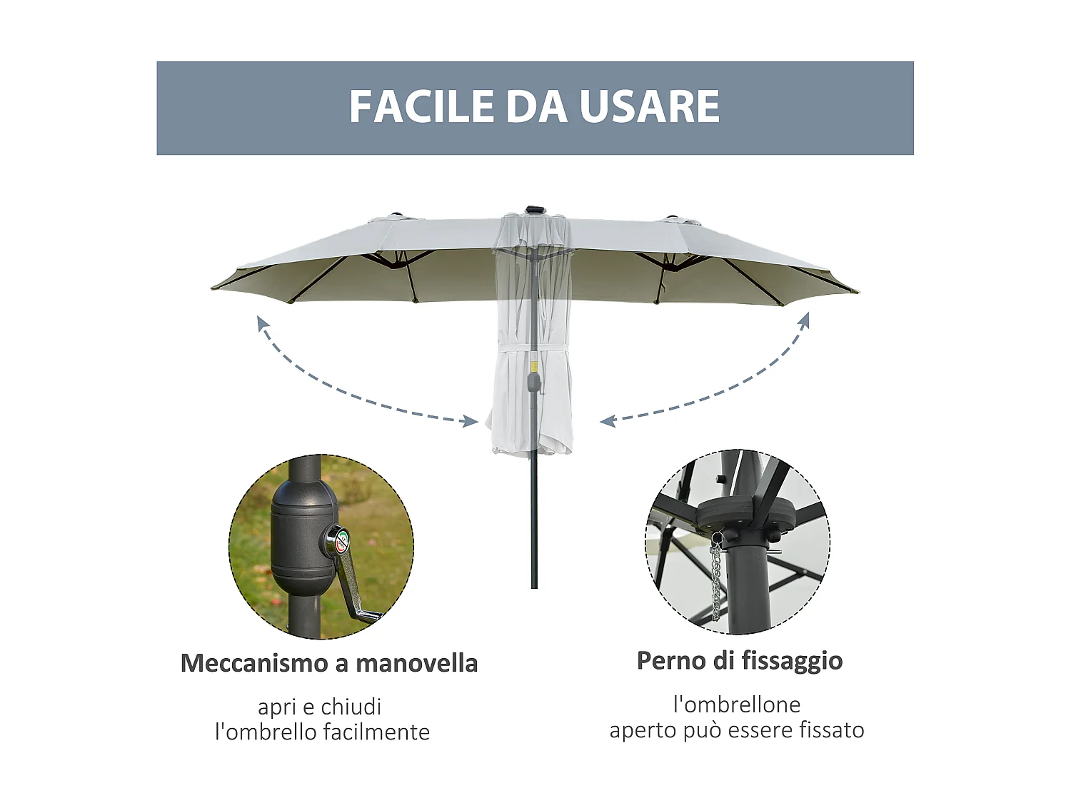 Ombrellone da giardino 4.5m con 48 luci led e manovella grigio chiaro