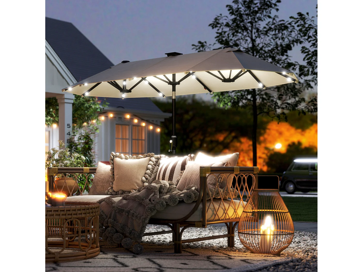 Ombrellone doppio 2.92x1.5x2.2 m con luci led e manovella beige