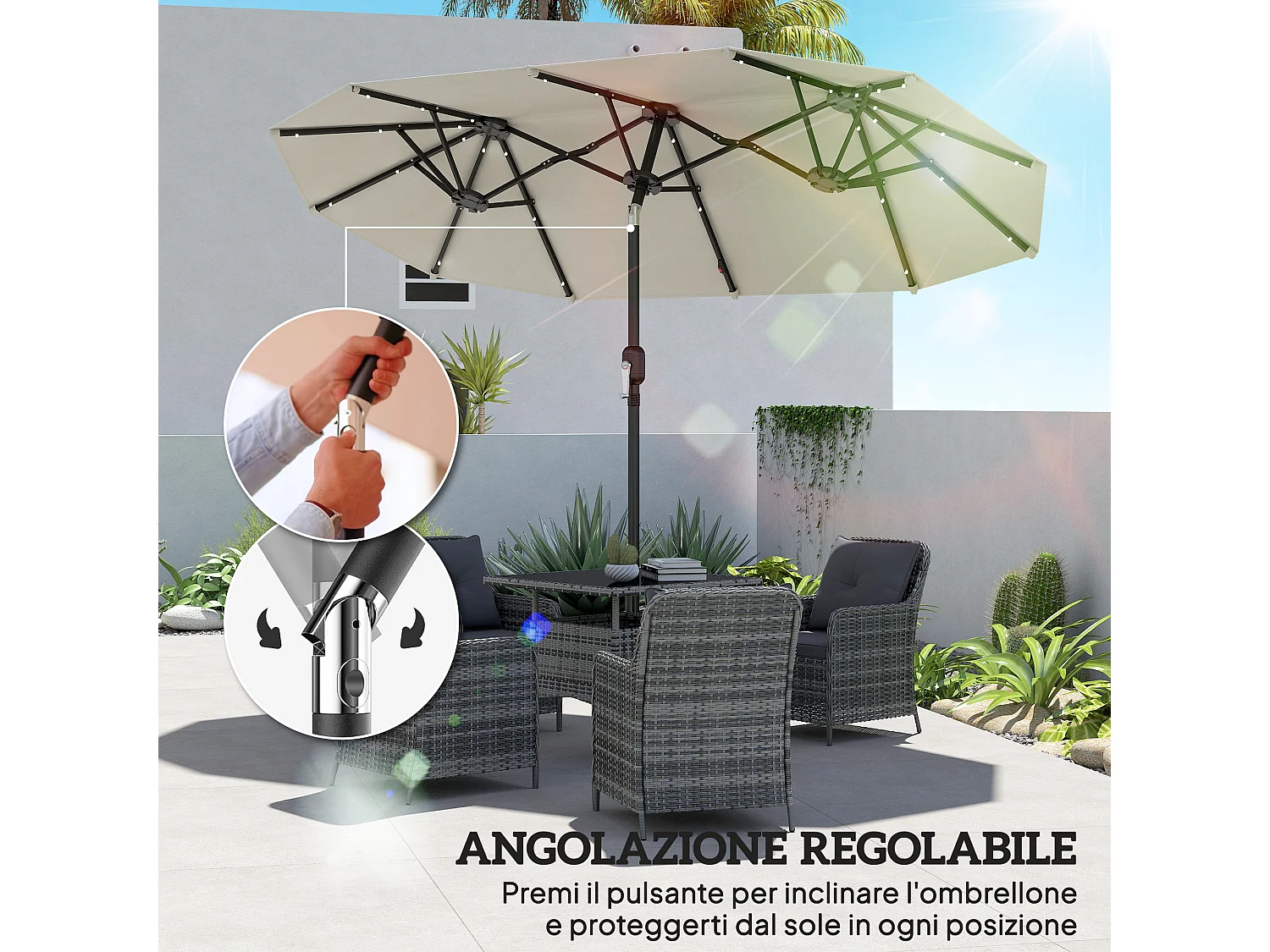 Ombrellone doppio 2.92x1.5x2.2 m con luci led e manovella beige