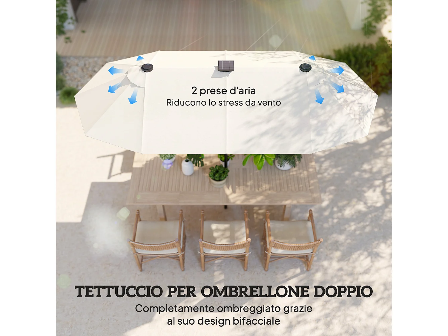 Ombrellone doppio 2.92x1.5x2.2 m con luci led e manovella beige