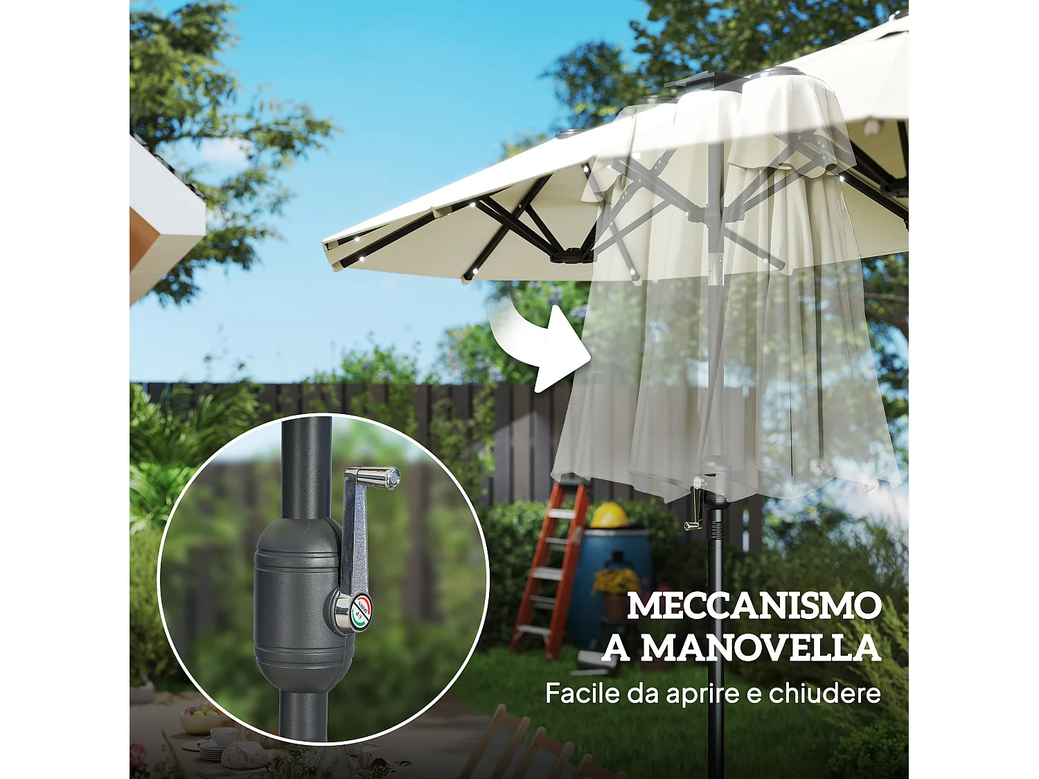 Ombrellone doppio 2.92x1.5x2.2 m con luci led e manovella beige