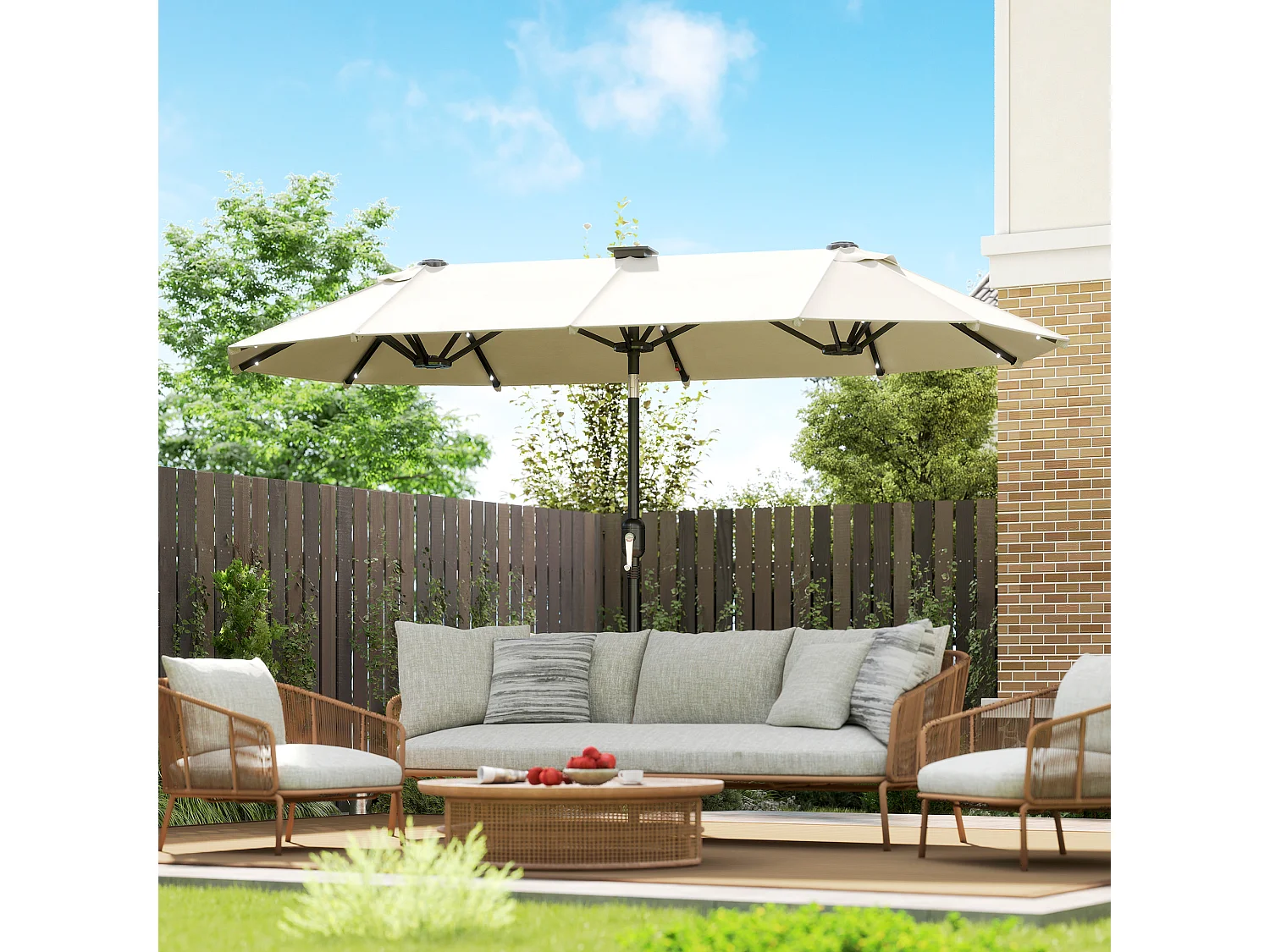 Ombrellone doppio 2.92x1.5x2.2 m con luci led e manovella beige