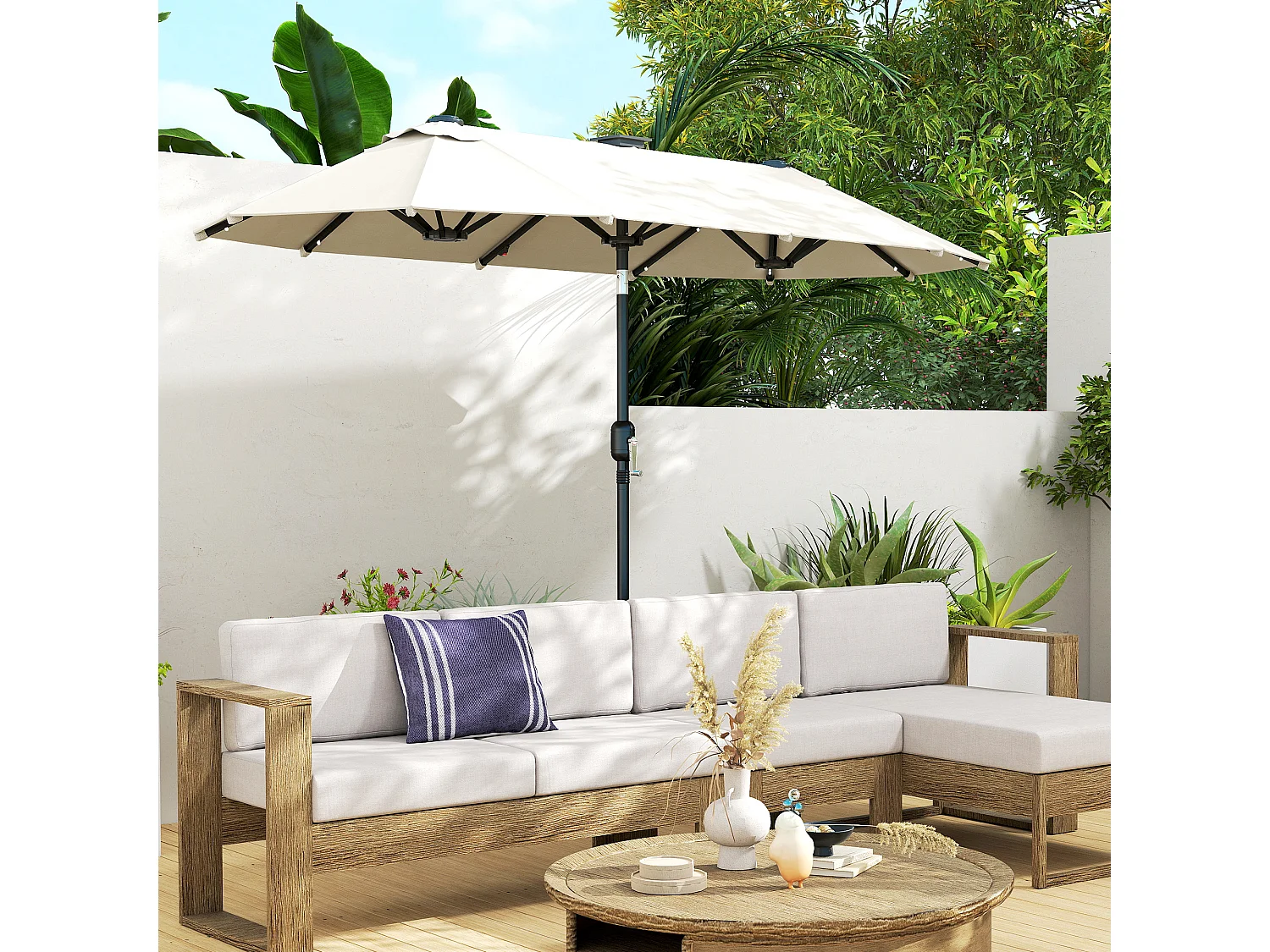 Ombrellone doppio 2.92x1.5x2.2 m con luci led e manovella beige