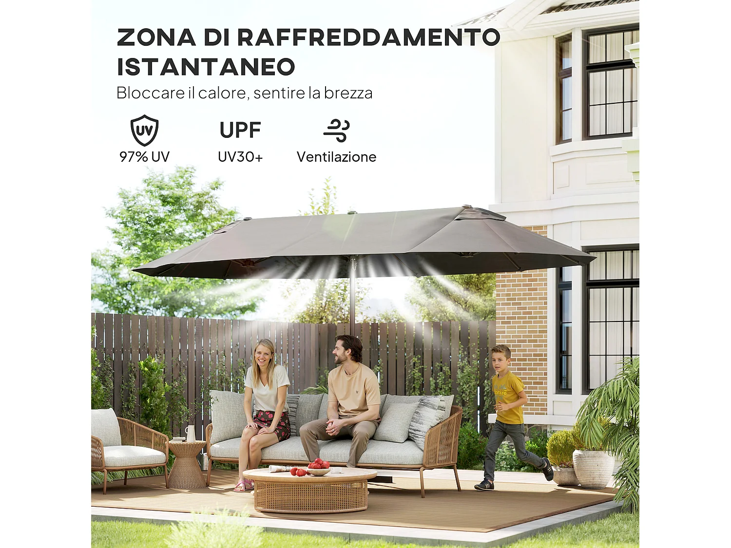 Ombrellone doppio a 12 stecche con manovella 455x265x238 cm grigio
