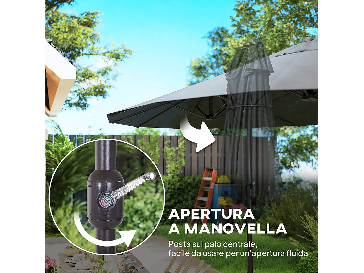 Ombrellone doppio a 12 stecche con manovella 455x265x238 cm grigio