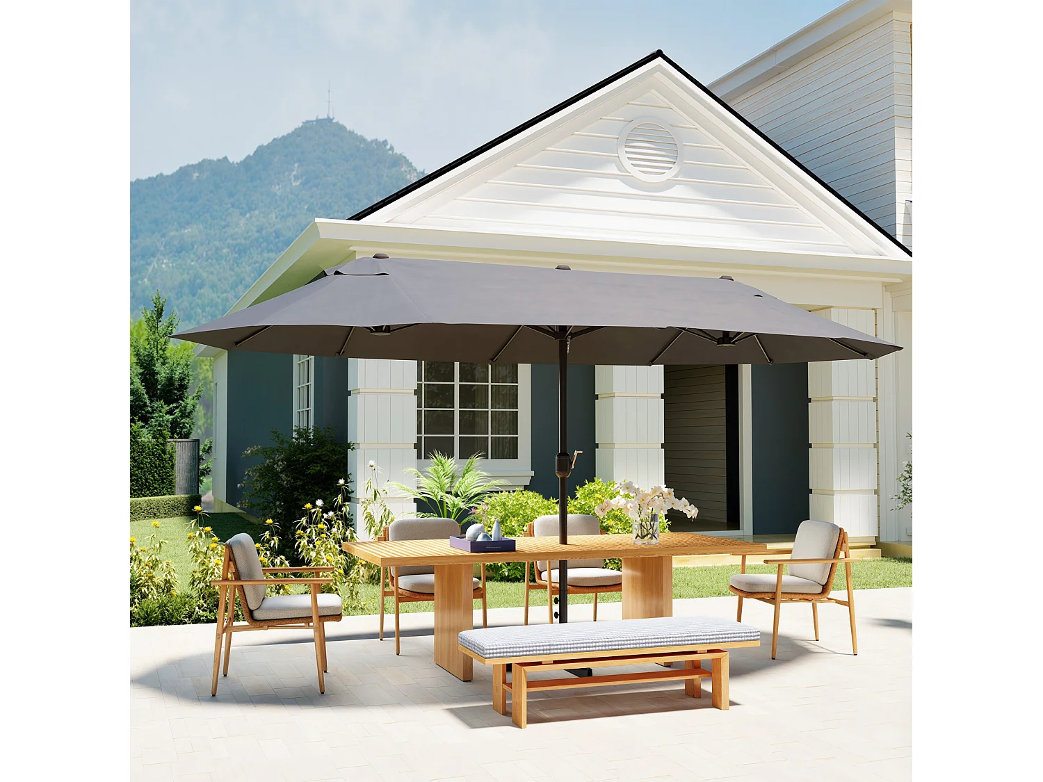 Ombrellone doppio a 12 stecche con manovella 455x265x238 cm grigio