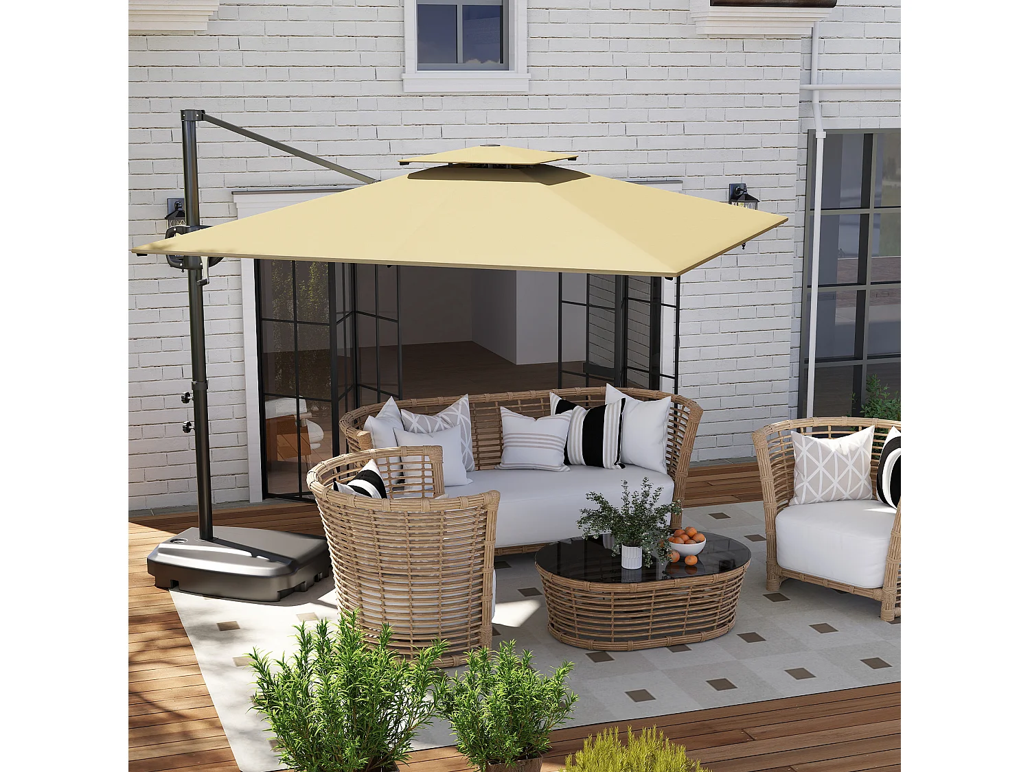 Ombrellone a braccio con base riempibile e manovella cachi