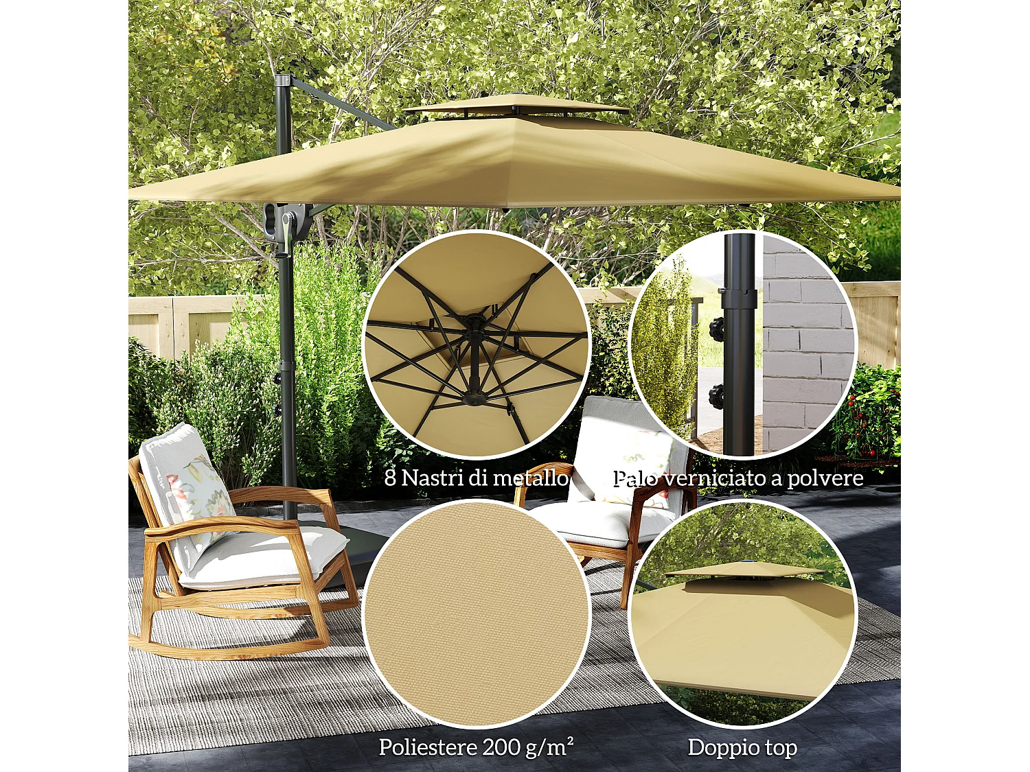 Ombrellone a braccio con base riempibile e manovella cachi