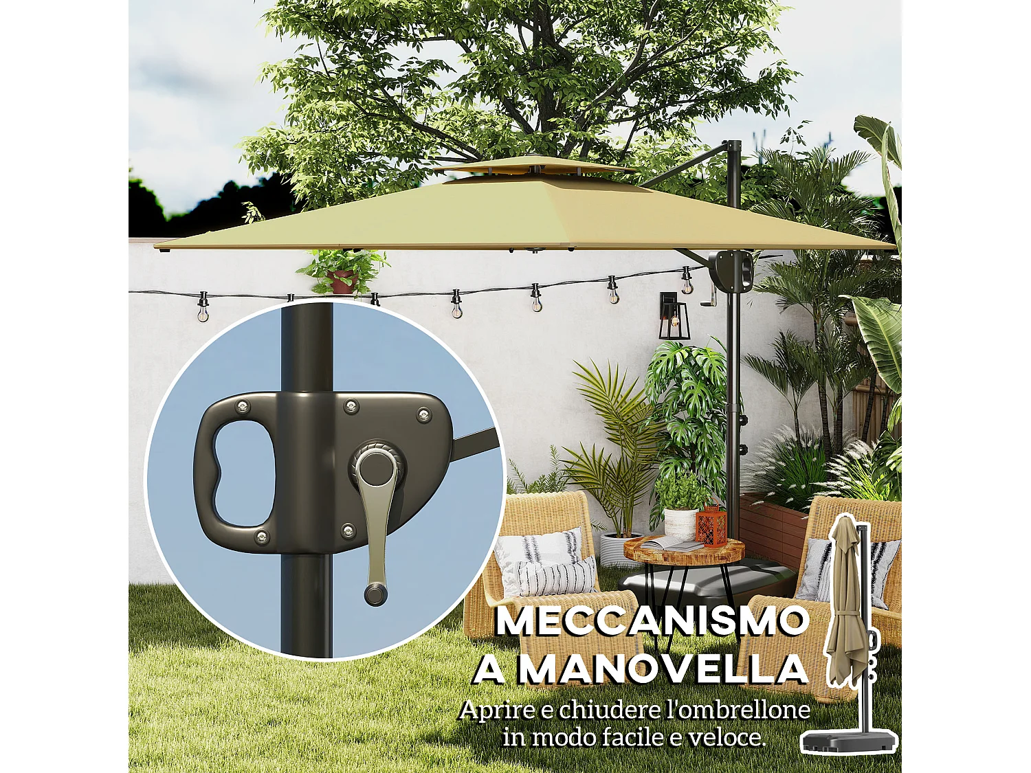 Ombrellone a braccio con base riempibile e manovella cachi