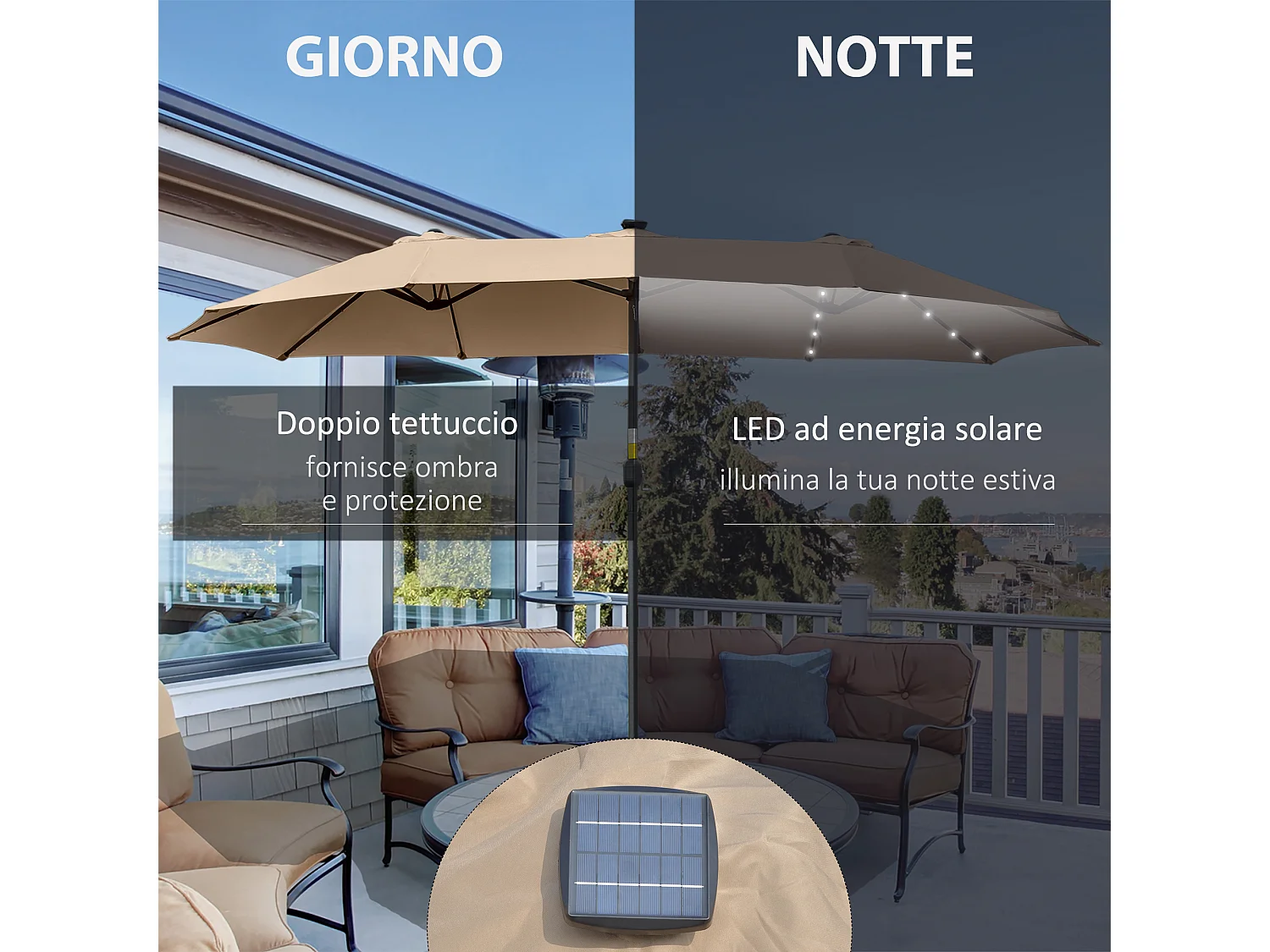 Ombrellone da giardino 4.5m con 48 luci led e manovella cachi