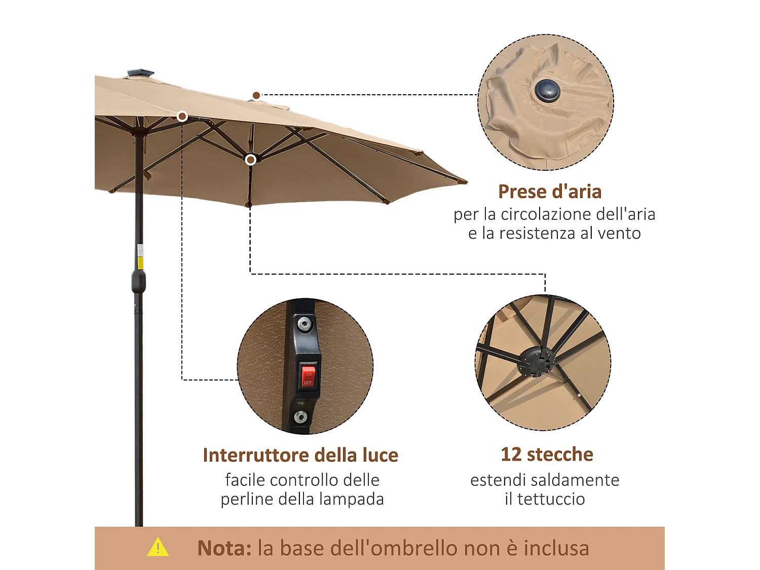Ombrellone da giardino 4.5m con 48 luci led e manovella cachi