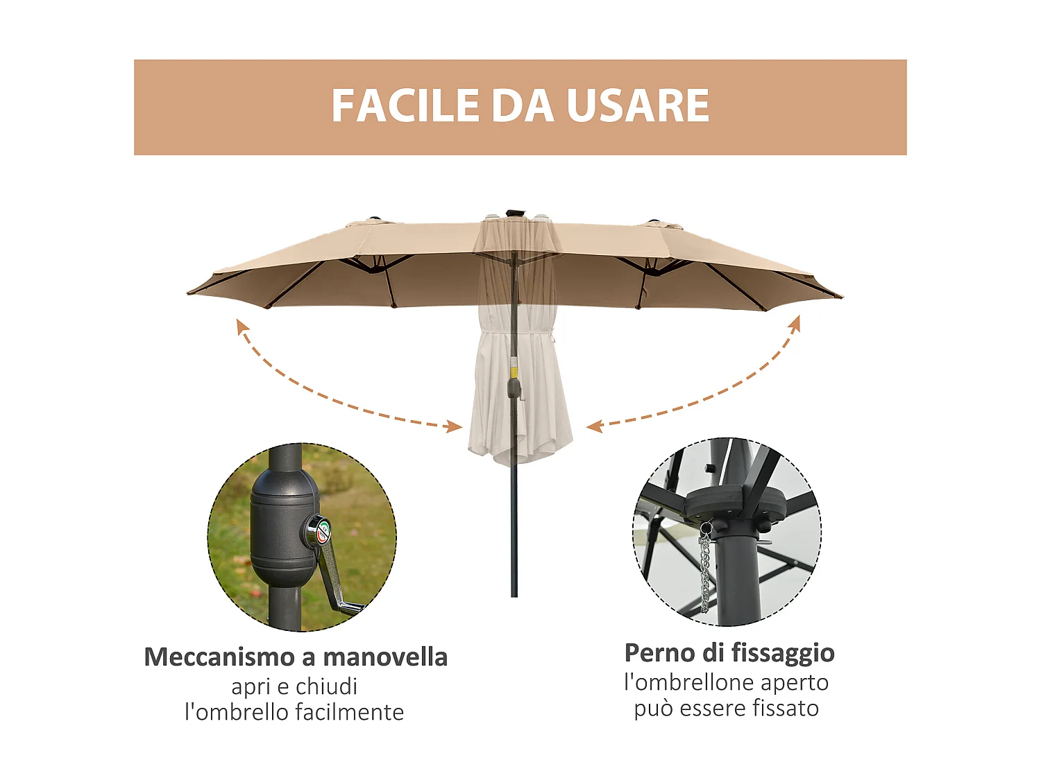 Ombrellone da giardino 4.5m con 48 luci led e manovella cachi