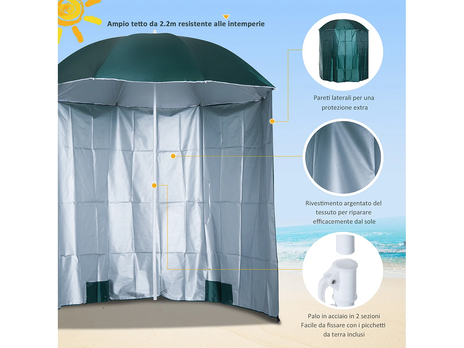 Ombrellone da spiaggia e da giardino 2x2m con tenda parasole