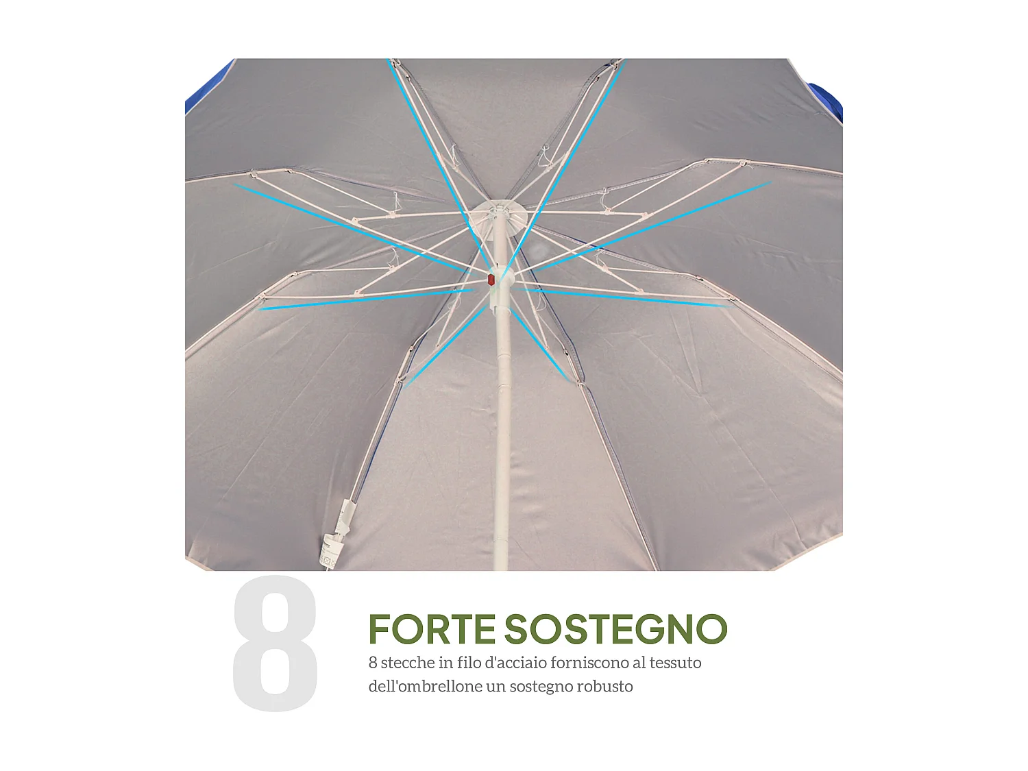 Ombrellone da spiaggia inclinabile 3 pezzi con fodera riflettente blu