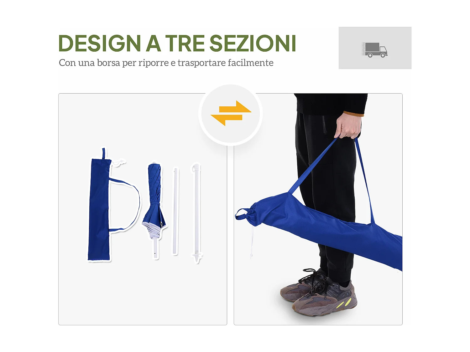 Ombrellone da spiaggia inclinabile 3 pezzi con fodera riflettente blu