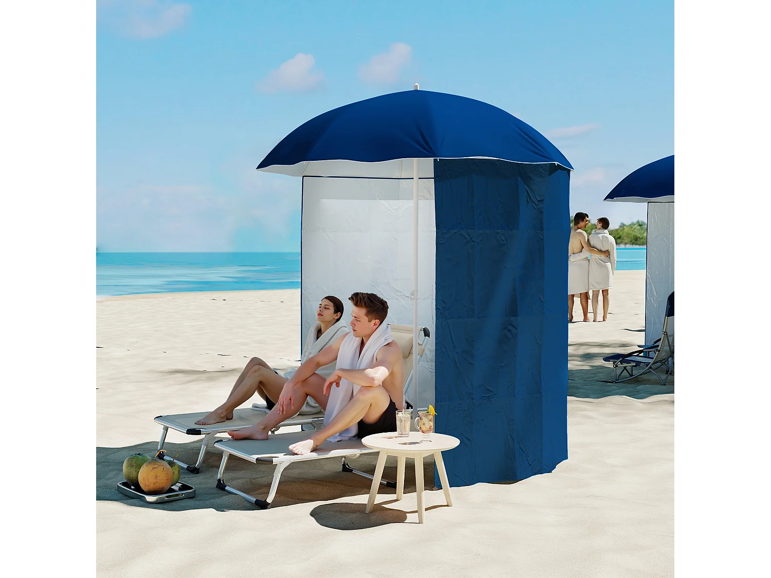 Ombrellone da spiaggia con tenda integrata in metallo e poliestere blu
