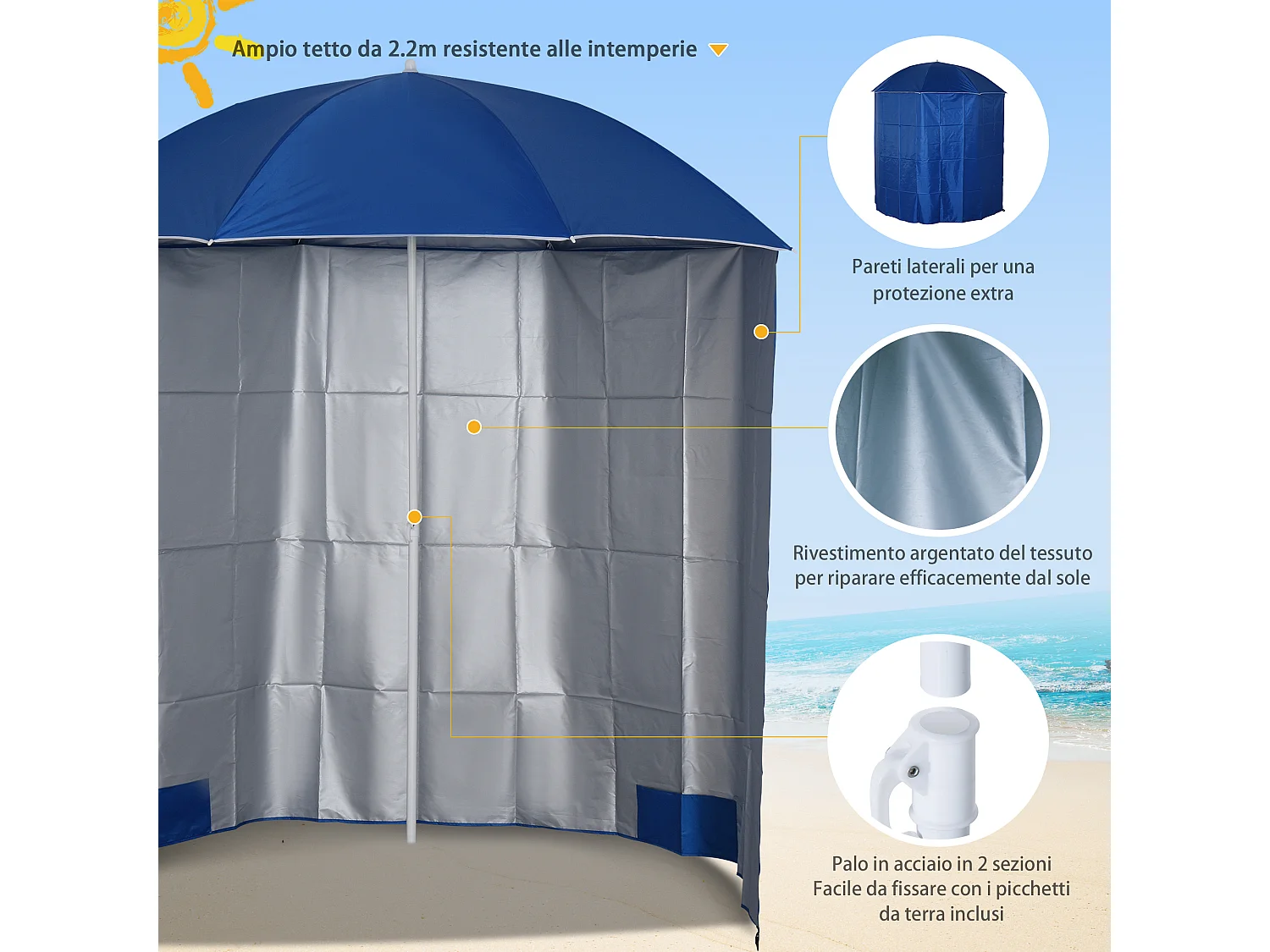 Ombrellone da spiaggia con tenda integrata in metallo e poliestere blu