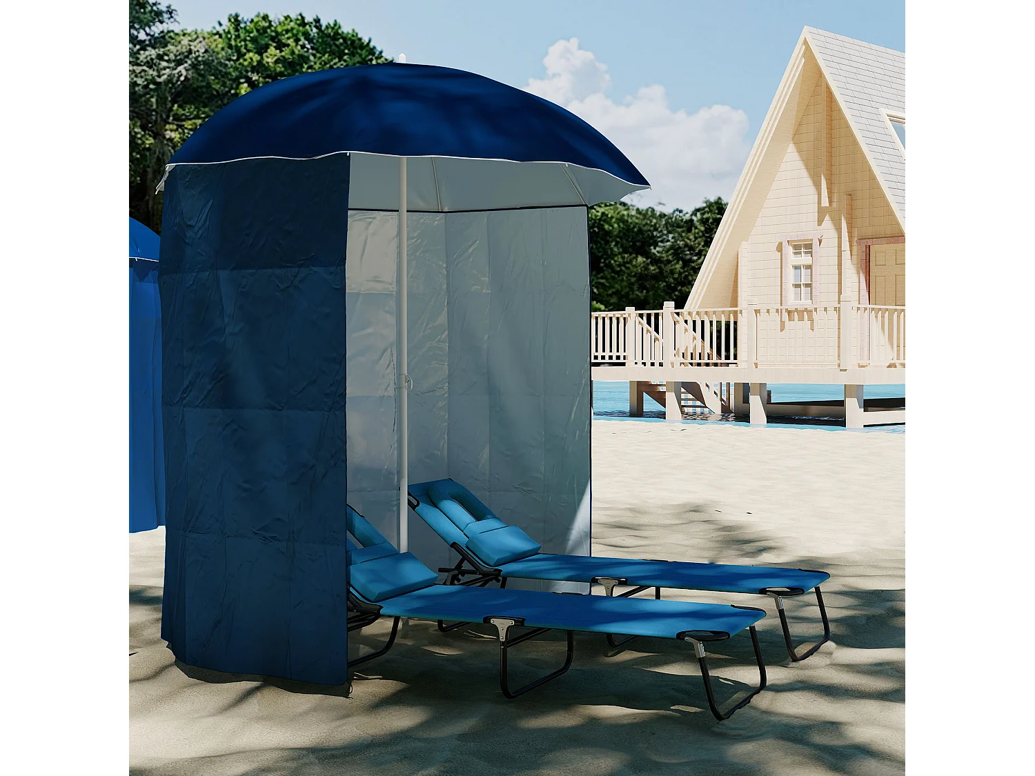Ombrellone da spiaggia con tenda integrata in metallo e poliestere blu