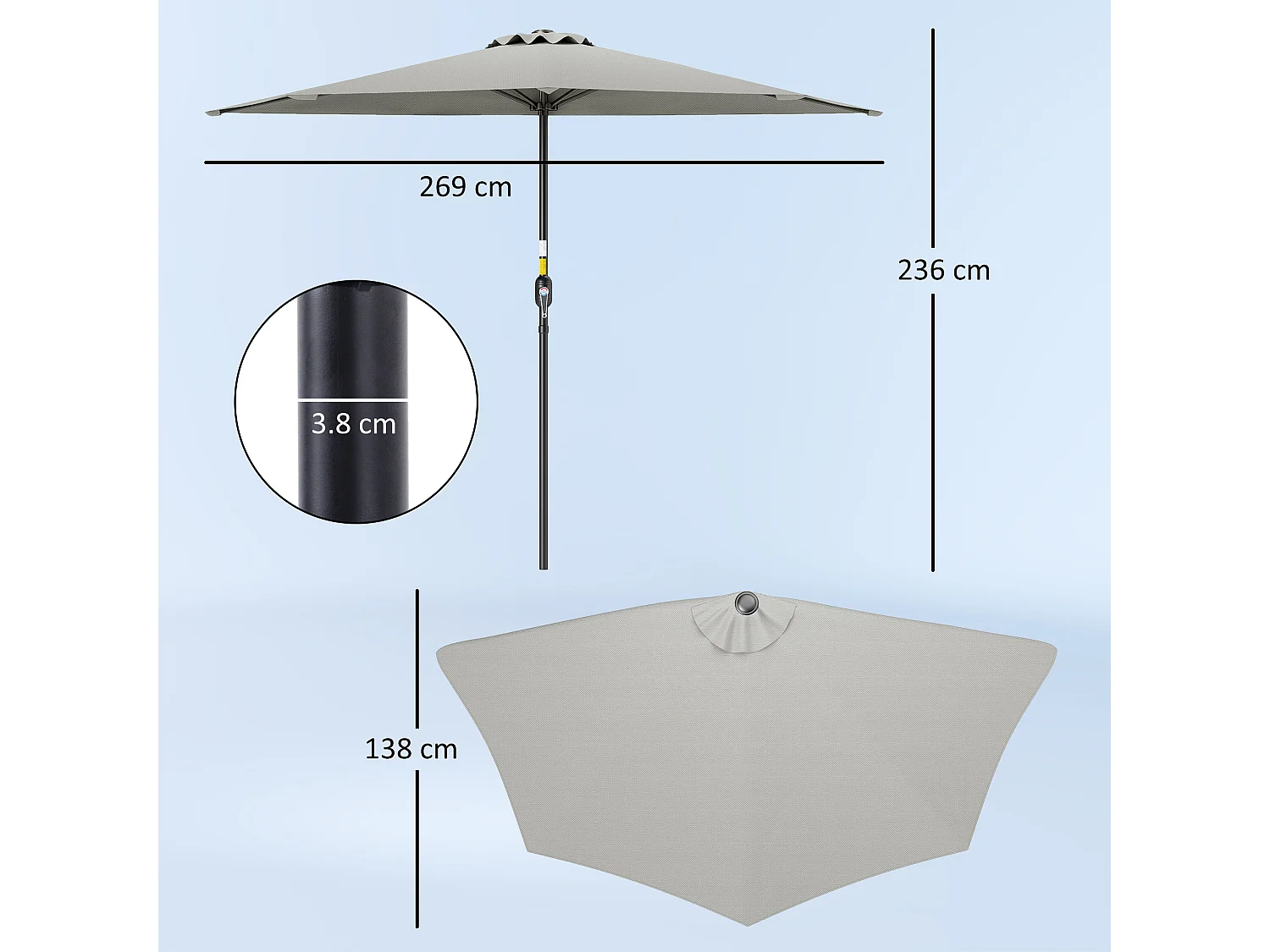 Ombrellone semicircolare con manovella grigio chiaro 2.7x2.4 m