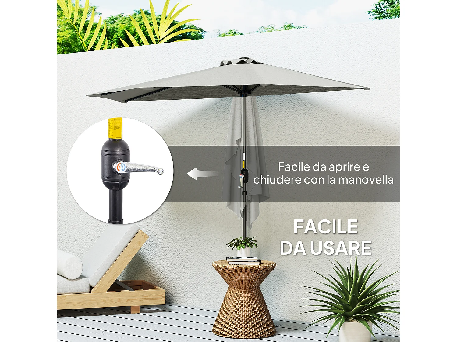 Ombrellone semicircolare con manovella grigio chiaro 2.7x2.4 m