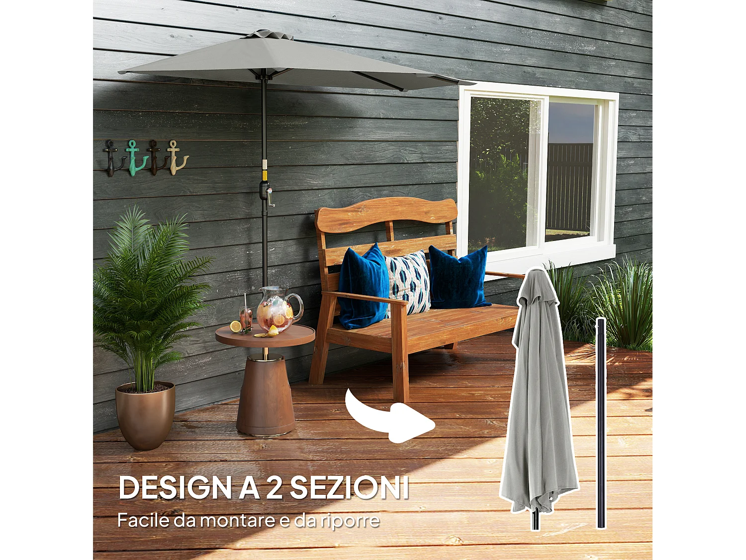 Ombrellone semicircolare con manovella grigio chiaro 2.7x2.4 m