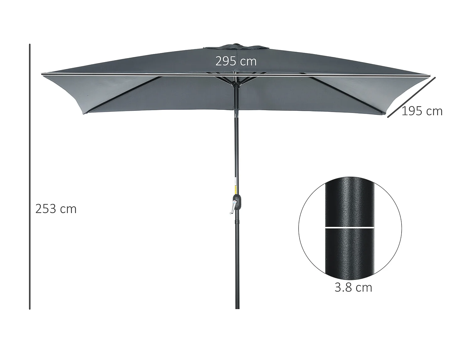 Ombrellone rettangolare 2x3 m pieghevole con manovella grigio scuro