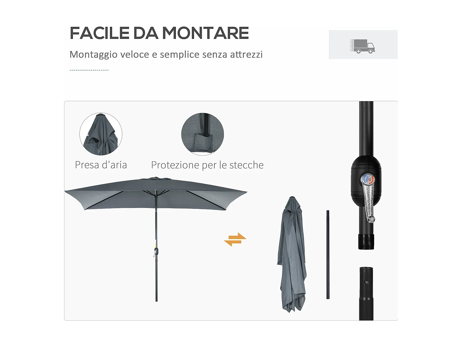 Ombrellone rettangolare 2x3 m pieghevole con manovella grigio scuro