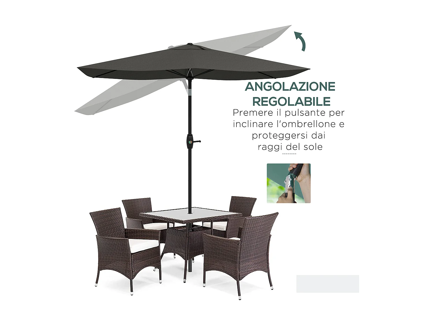 Ombrellone da giardino inclinabile con apertura manovella 2x3m grigio