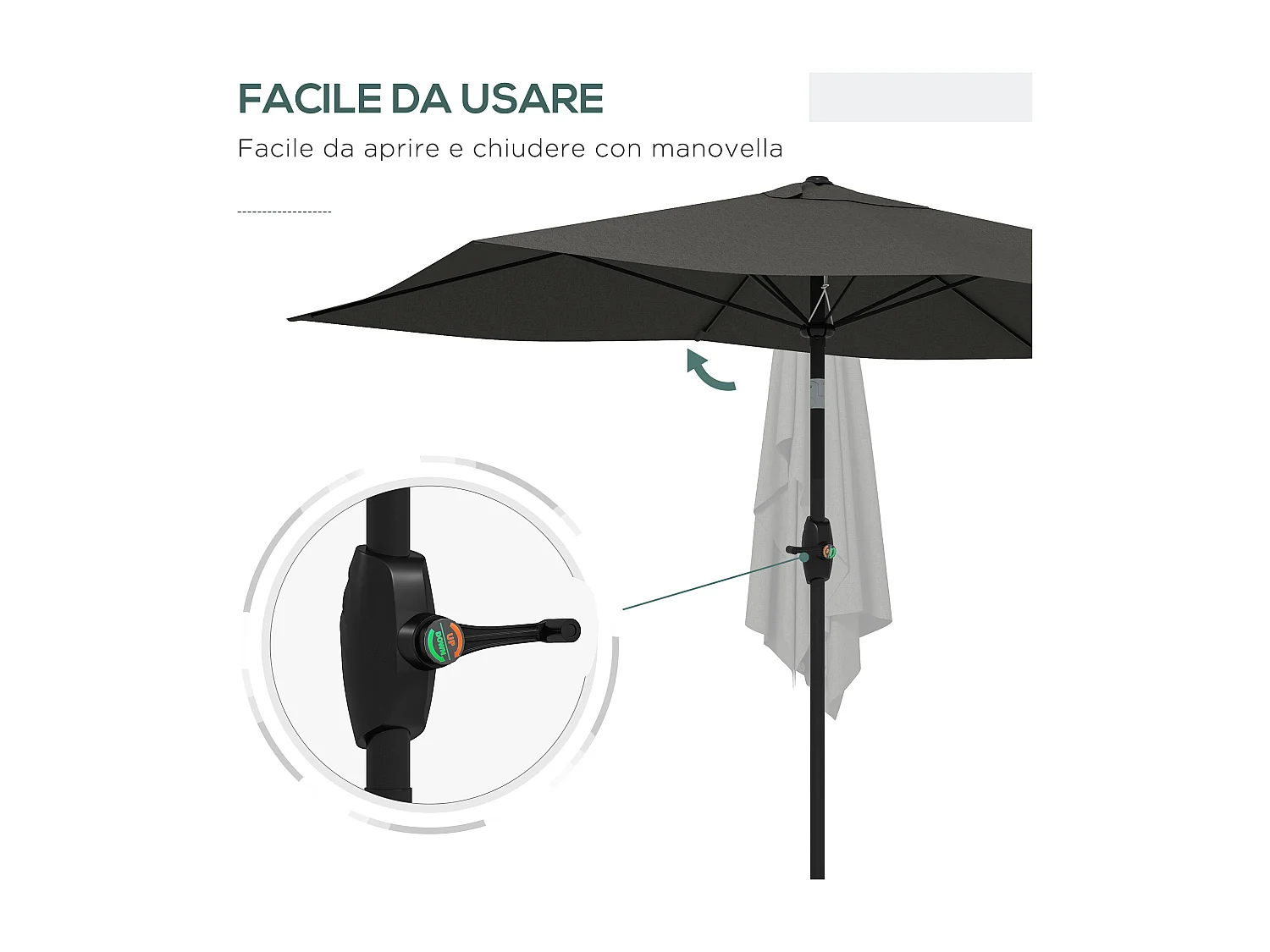 Ombrellone da giardino inclinabile con apertura manovella 2x3m grigio