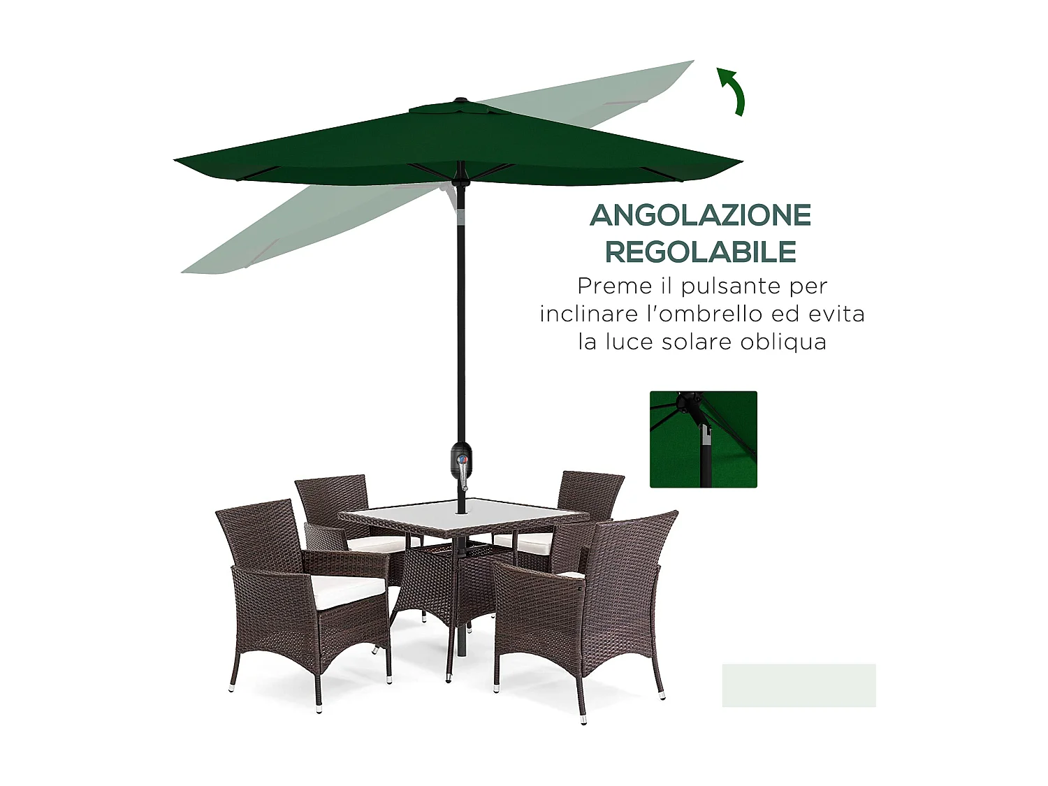 Ombrellone da giardino inclinabile con apertura manovella 2x3m verde