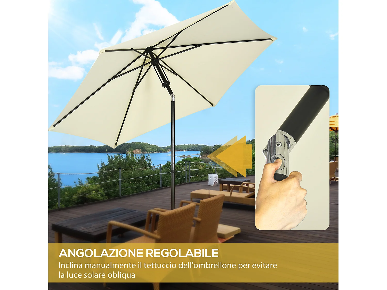 Ombrellone da giardino a 6 stecche tettuccio inclinabile 45°