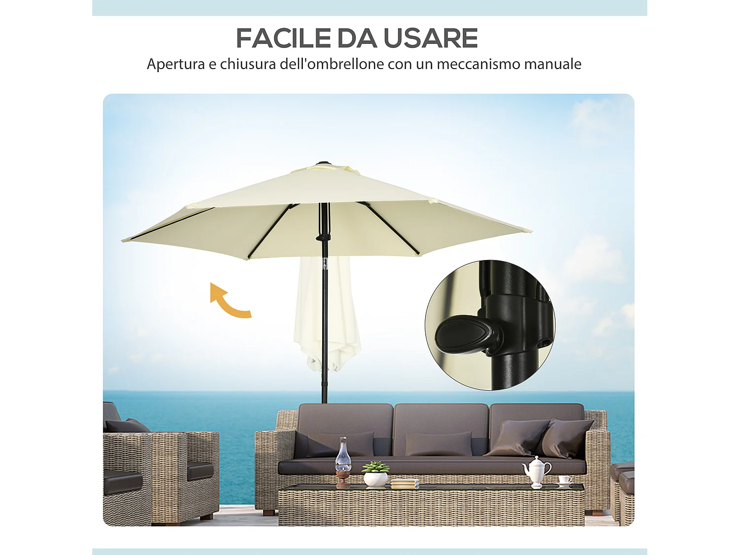 Ombrellone da giardino a 6 stecche tettuccio inclinabile 45°